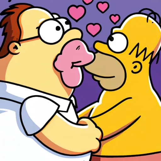 Picture of a Peter-Griffin-Homer-Simpson hybrid kissing Homer.